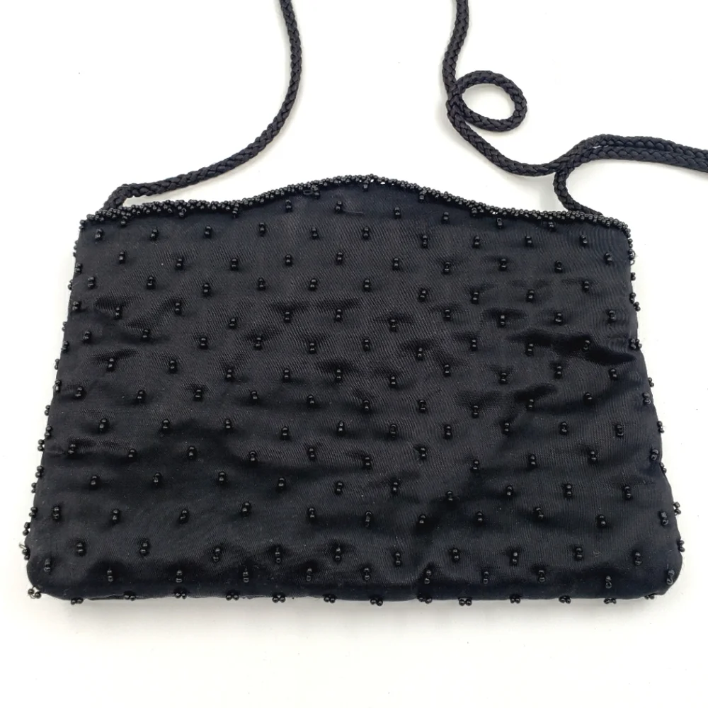 80s La Regale Bag Black Beaded Satin Purse Evening Sparkle Movie Prop Glam Retro - Picture 2 of 5